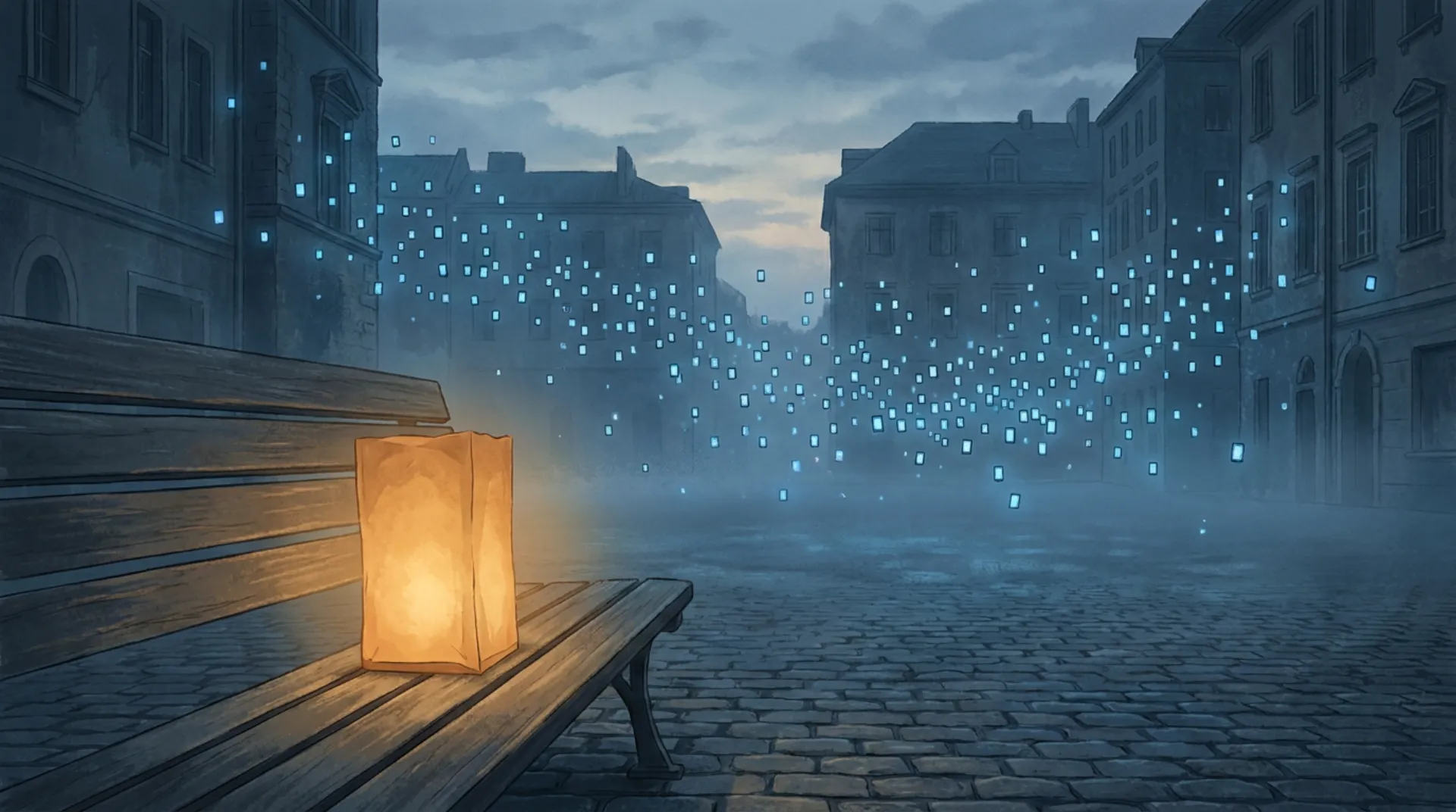 At blue dawn in an empty cobbled square, a single warm paper lantern glows on a wooden bench while thousands of small cold blue screen-lights drift toward it through the mist.